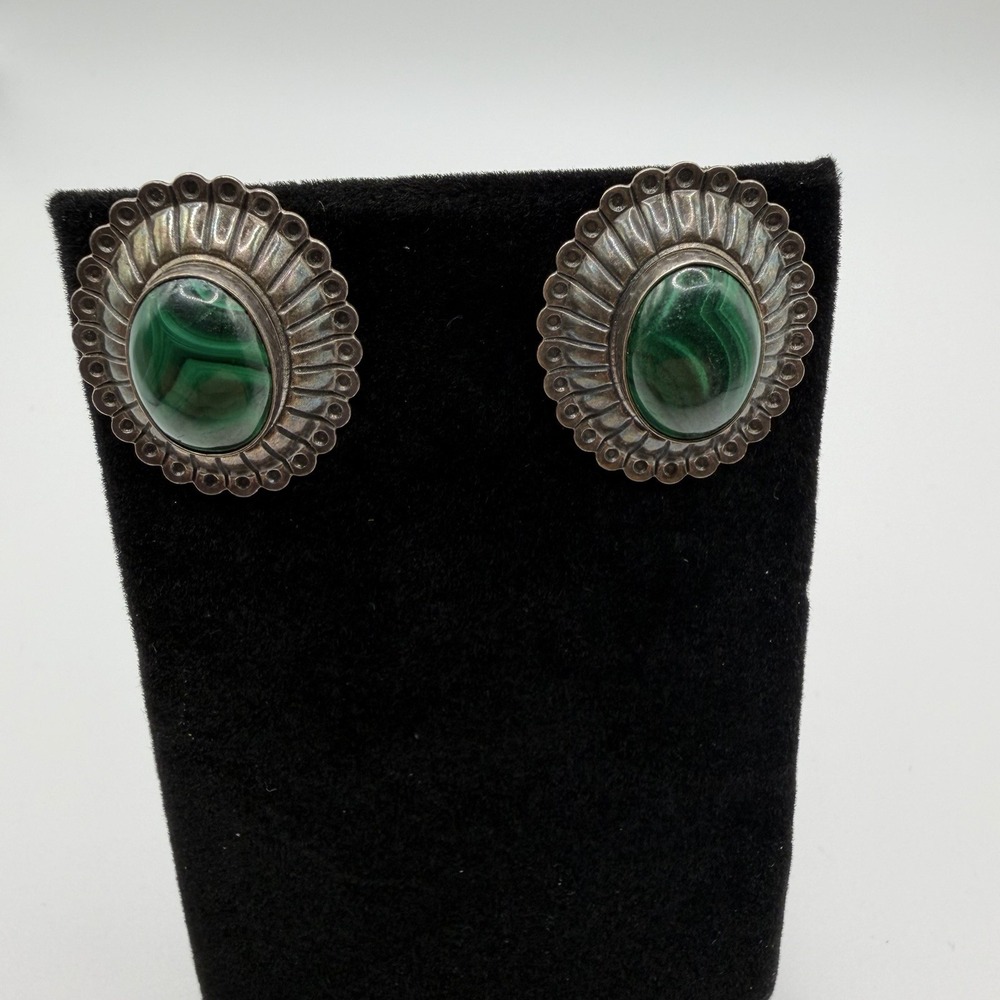 Vintage Navajo RB Running Bear Sterling Silver Malachite Concho Stud Earrings